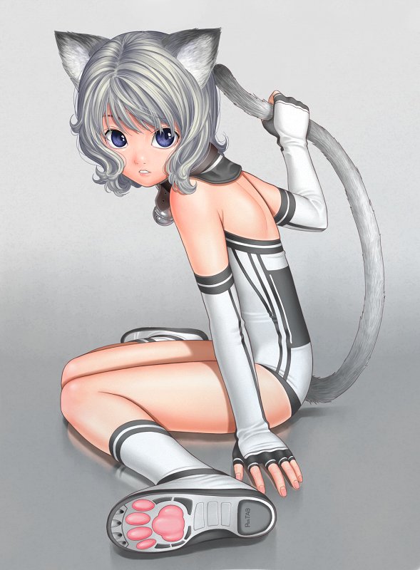 brazen, original, 1girl, animal ears, bell, blue eyes, cat ears, cat tail, collar, elbow gloves, female focus, fingerless gloves, gloves, grey hair, holding own tail, kneeling, looking at viewer, neck bell, parted lips, paw print, shoe soles, short hair, simple background, sitting, solo, tail, wariza