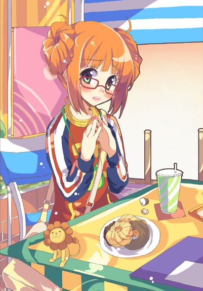 hamayumiba sou, pon de lion, takatsuki yayoi, idolmaster, idolmaster (classic), mister donut, 00s, 1girl, alternate hairstyle, donut, female focus, food, glasses, green eyes, nail polish, orange hair, pink nails, sitting, solo