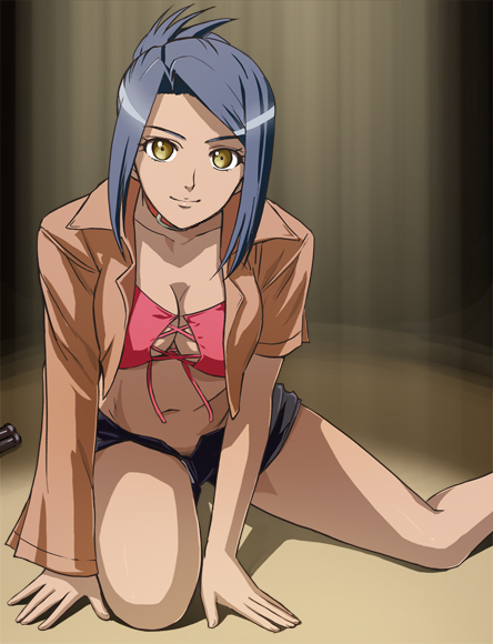 haruyama kazunori, tina lawter, wellber no monogatari, 1girl, arm support, asymmetrical sleeves, bandeau, bikini, bikini top only, blue hair, breasts, cleavage, collar, crop top, female focus, kneeling, large breasts, leaning forward, midriff, mismatched sleeves, open clothes, open fly, open shirt, ponytail, shirt, short hair, short shorts, shorts, smile, solo, strapless, swimsuit, tube top, unzipped, yellow eyes