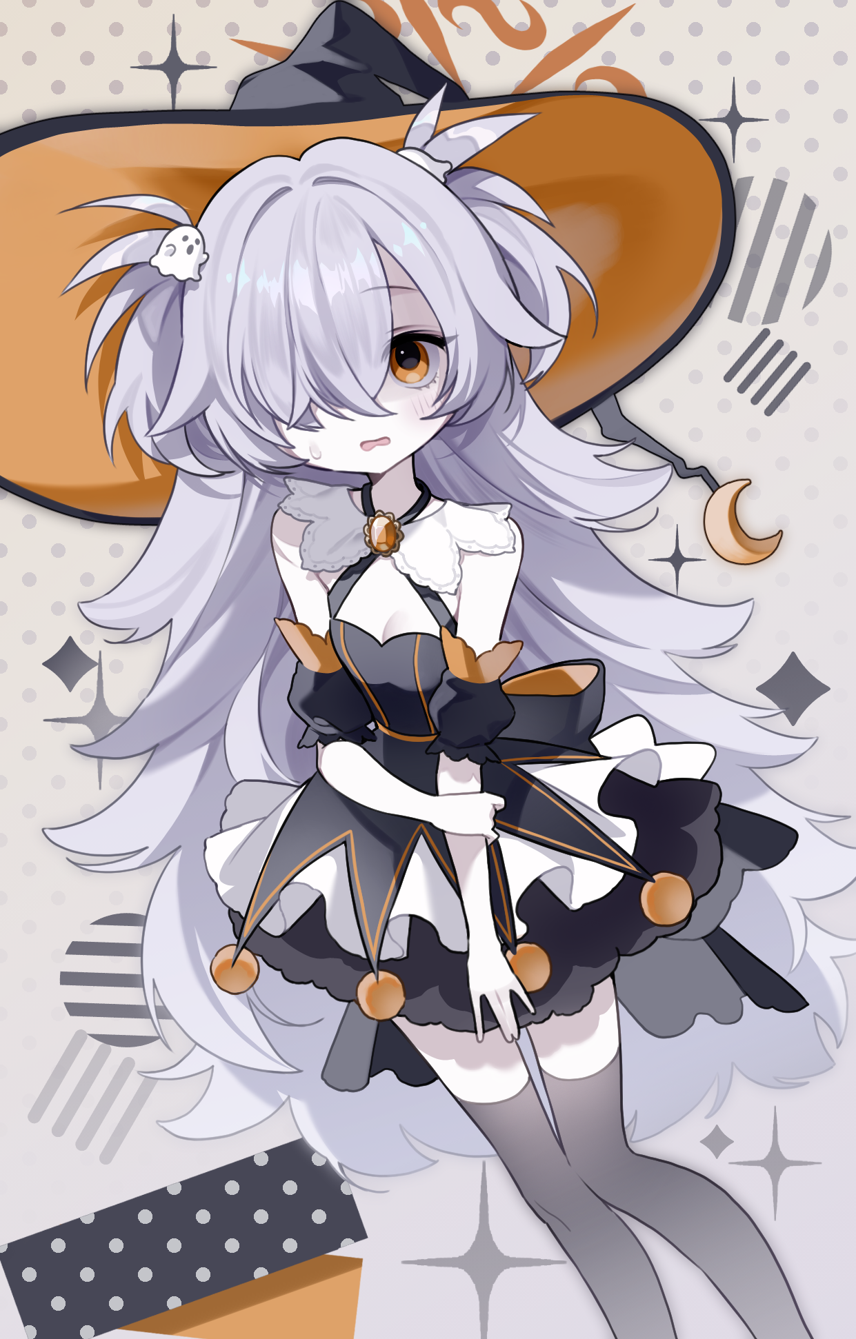 kanoe (blue archive), blue archive, commentary request, highres, korean commentary, 1girl, alternate costume, black thighhighs, blush, breasts, cleavage, colored skin, cowboy shot, criss-cross halter, detached sleeves, dutch angle, embarrassed, grey hair, hair ornament, hair over one eye, halo, halterneck, hat, long hair, looking at viewer, m cury, one eye covered, open mouth, orange eyes, orange hat, parted bangs, short sleeves, sidelocks, simple background, small breasts, solo, standing, sweatdrop, thighhighs, two side up, white skin, witch, witch hat, zettai ryouiki