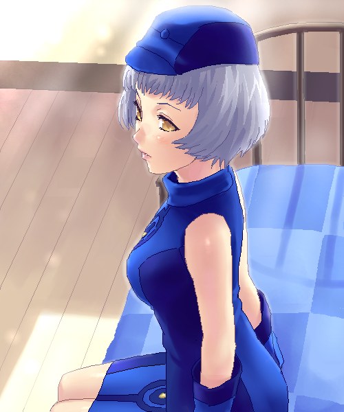 zen, elizabeth (persona), atlus, persona, persona 3, silver hair, 1girl, bare legs, bed, dress, female focus, gloves, hat, no legwear, short hair, sitting, sleeveless, solo, yellow eyes