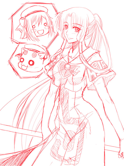 ichimedoo, aria pokoteng, mizunashi akari, aria (manga), 00s, 1girl, aged up, alternate hair length, alternate hairstyle, blouse, blush stickers, female focus, long hair, monochrome, o o, ponytail, red theme, shirt, sketch, solo, very long hair, white shirt