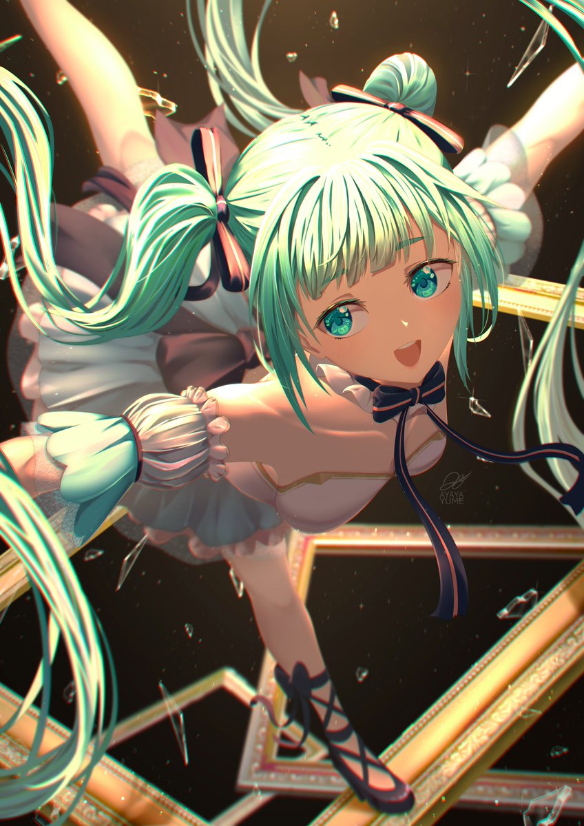 ayayayume, hatsune miku, vocaloid, 1girl, :d, aqua eyes, ballerina, ballet, ballet slippers, bare shoulders, bow, breasts, chromatic aberration, detached sleeves, dress, green eyes, green hair, hair ribbon, long hair, looking at viewer, open mouth, outstretched arms, pantyhose, picture frame, ribbon, small breasts, smile, solo, standing, standing on one leg, strapless, strapless dress, tutu, twintails, very long hair, white dress, white pantyhose