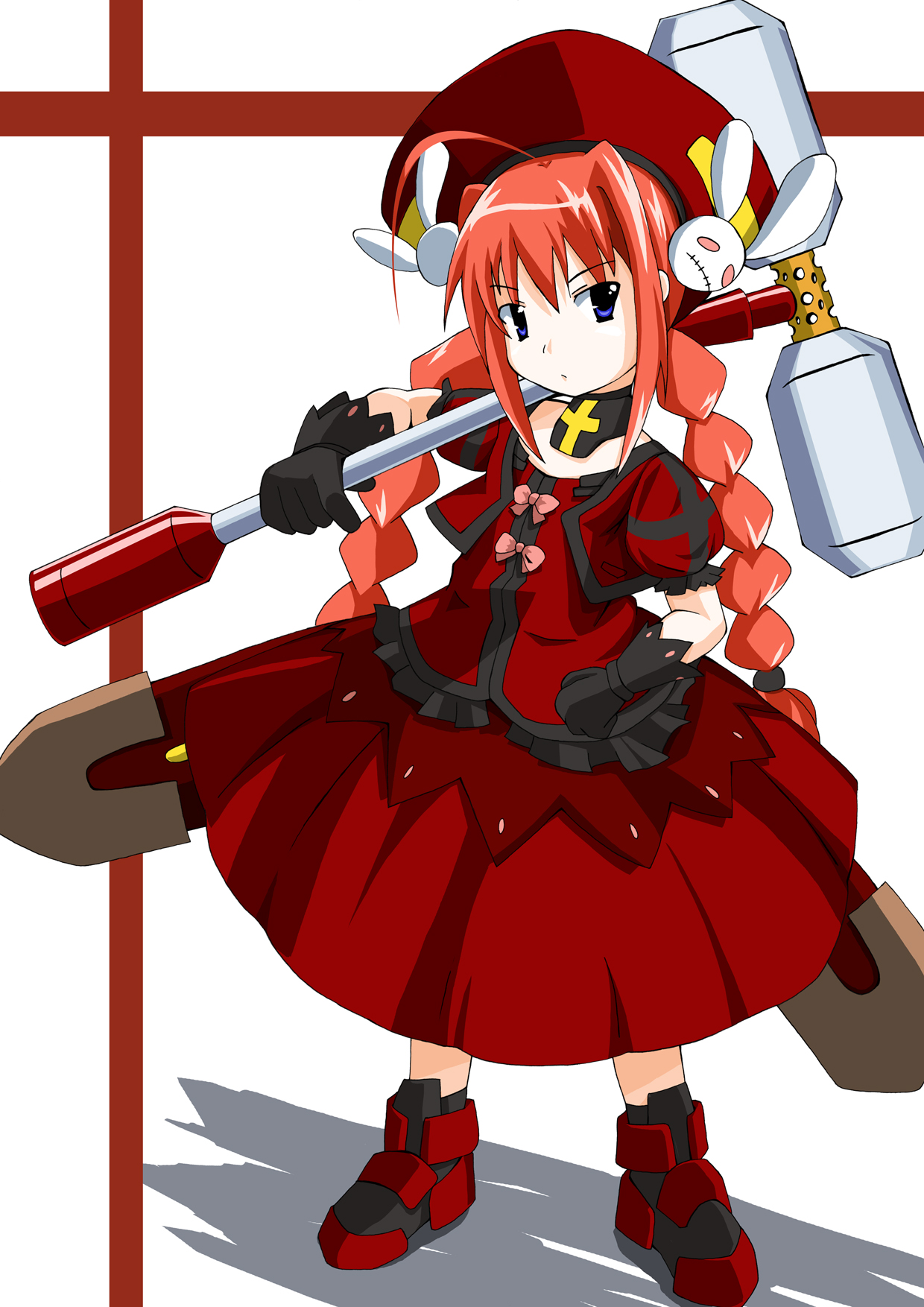 laid (artist), graf eisen, vita (nanoha), lyrical nanoha, mahou shoujo lyrical nanoha, mahou shoujo lyrical nanoha a's, mahou shoujo lyrical nanoha strikers, highres, 00s, 1girl, ahoge, ankle boots, beret, black gloves, blue eyes, boots, braid, dress, female focus, gloves, hair ornament, hammer, hat, looking at viewer, puffy short sleeves, puffy sleeves, rabbit hair ornament, red dress, red hair, short sleeves, solo, standing, twin braids