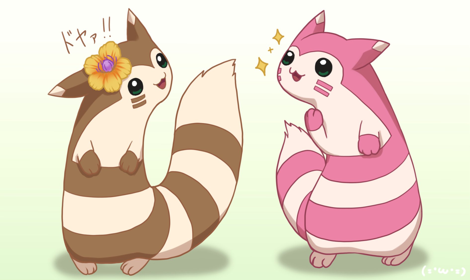 furret, nintendo, pokemon, highres, alternate color, animal focus, brown fur, flower, full body, gen 2 pokemon, looking at another, no humans, ootachi siaru, open mouth, pink fur, pokemon (creature), pokemon focus, shiny pokemon, smile, star (symbol), tail