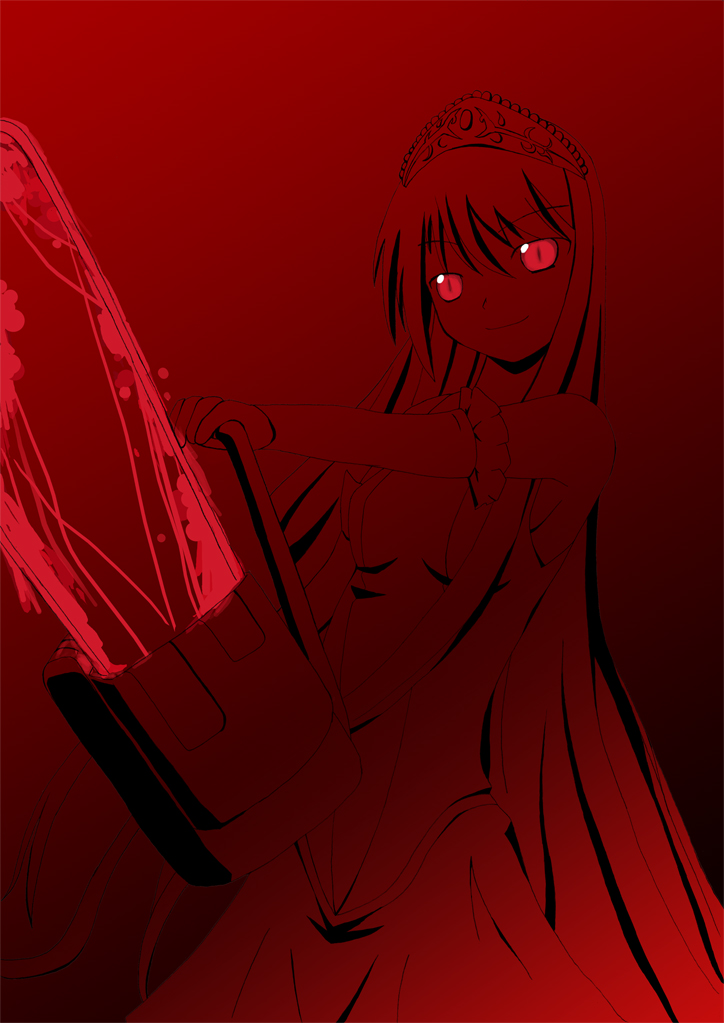 laid (artist), hime (kaibutsu oujo), kaibutsu oujo, 00s, 1girl, cowboy shot, dress, female focus, long sleeves, looking at viewer, monochrome, red theme, solo, standing