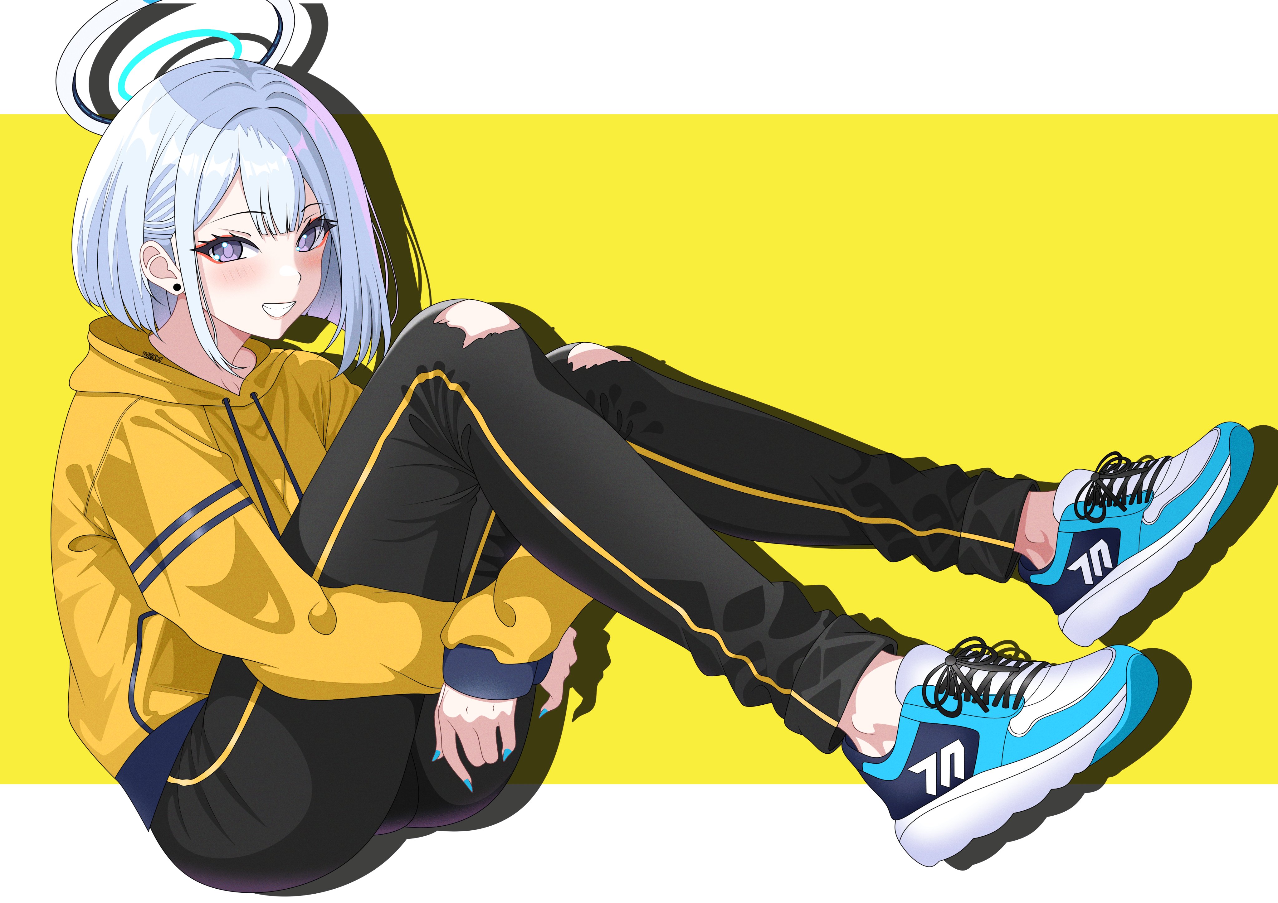 hazaky, noa (blue archive), blue archive, absurdres, highres, 1girl, alternate hairstyle, black pants, blue shoes, blush, earrings, grabbing own leg, grey hair, grin, hair between eyes, halo, jacket, jewelry, looking at viewer, mechanical halo, pants, purple eyes, shoes, short hair, sitting, smile, sneakers, solo, torn clothes, torn pants, white halo, yellow jacket