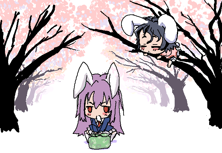 baku taso, itigekimaru, inaba tewi, reisen udongein inaba, touhou, 2girls, animal ears, chibi, female focus, multiple girls, outdoors, plant, rabbit ears, tree