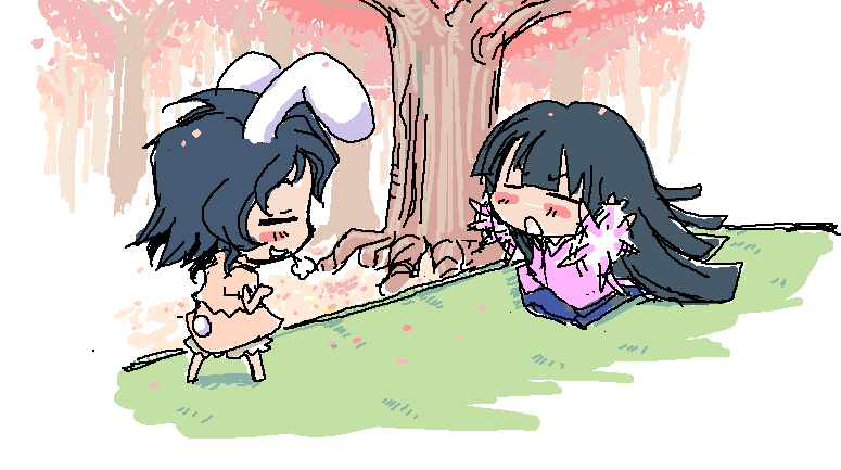 baku taso, itigekimaru, houraisan kaguya, inaba tewi, touhou, 2girls, animal ears, chibi, female focus, multiple girls, outdoors, plant, rabbit ears, rabbit tail, standing, tail, tree