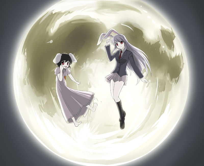 kanzuki yuu, inaba tewi, reisen udongein inaba, touhou, 2girls, akanbe, animal ears, dress, eyelid pull, female focus, moon, multiple girls, rabbit ears, ribbon-trimmed dress, ribbon trim, sky, split mouth, tongue, tongue out