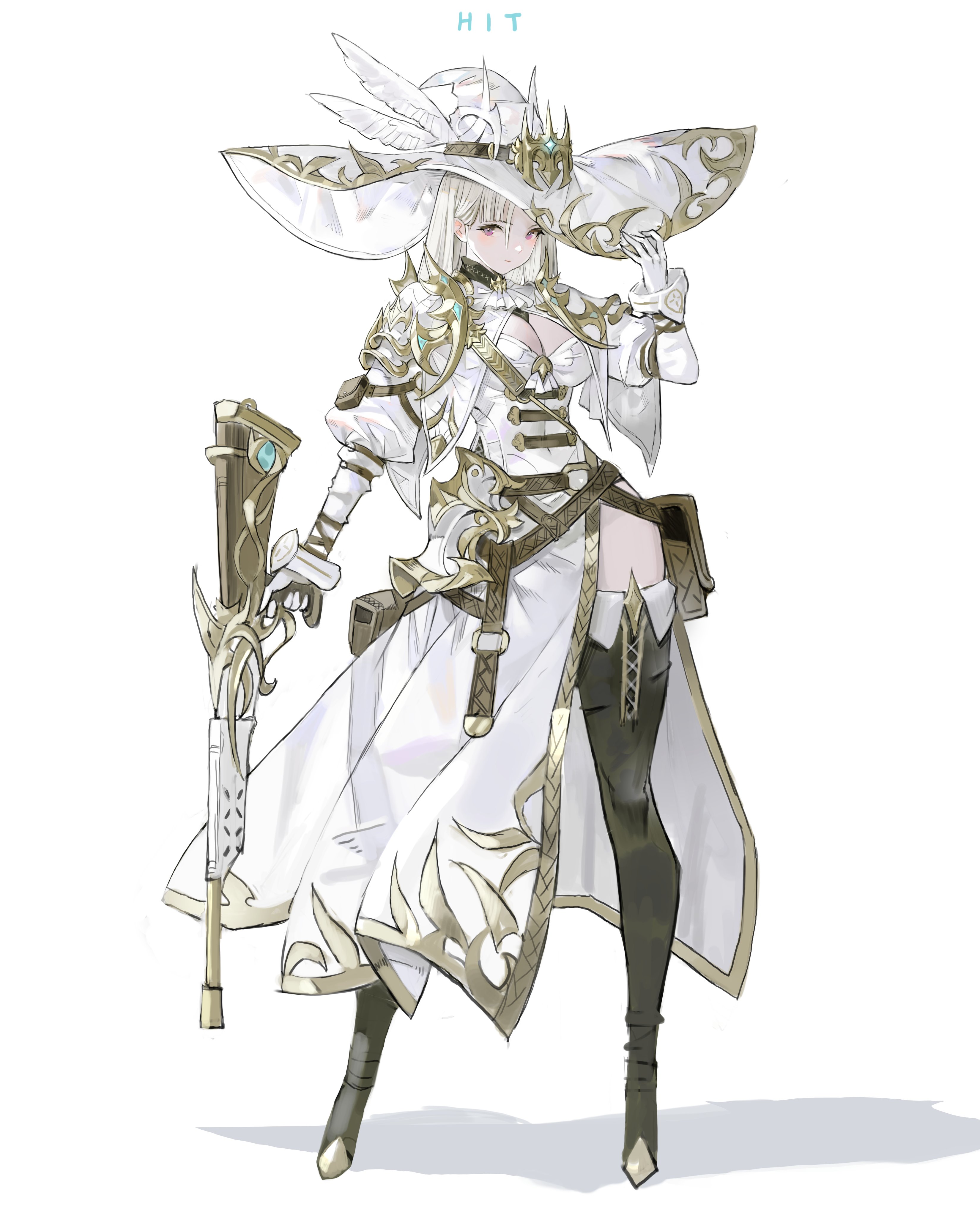 arowana2111, original, absurdres, commentary, english commentary, highres, 1girl, albino, armor, belt, belt pouch, black boots, boots, breasts, clasp, cleavage, dress, english text, finger on trigger, gem, gloves, gold trim, gun, hat, hat feather, hat ornament, hat tug, hip armor, holding, holding weapon, lace-up boots, mantle, medium hair, narrow waist, neck ruff, ornate weapon, pale skin, pouch, puffy sleeves, red eyes, rifle, shadow, shoulder armor, shoulder pouch, side slit, solo, thigh boots, weapon, white background, white dress, white gloves, white hair, white hat, witch, witch hat, wrist cuffs