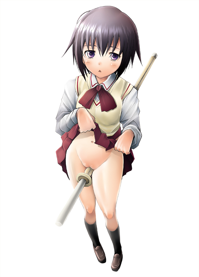 sakai hamachi, kawazoe tamaki, bamboo blade, 00s, 1girl, black hair, blush, cleft of venus, clothes lift, crotch rub, female focus, full body, navel, no panties, purple eyes, pussy, school uniform, serafuku, shinai, short hair, simple background, skirt, skirt lift, socks, solo, sword, uncensored, weapon, white background