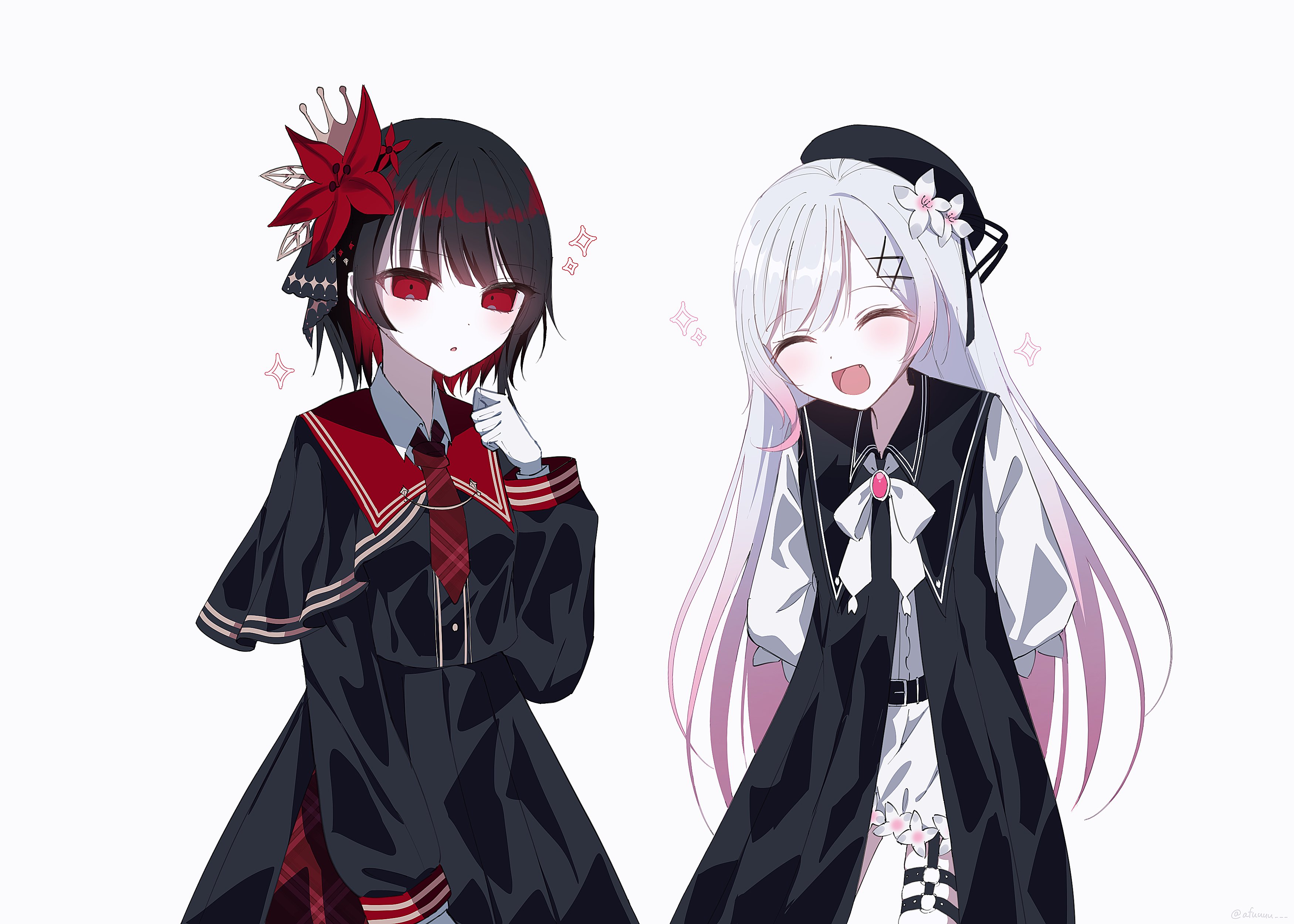 afuuuu, nikaidou hiro, sakuraba ema, mahou shoujo no majo saiban, absurdres, commentary request, highres, 2girls, :d, alternate hairstyle, arms behind back, beret, black hair, black hat, black shirt, black skirt, closed eyes, cowboy shot, crown, flower, gradient hair, hair flower, hair ornament, hairstyle switch, hand up, hat, long hair, long sleeves, magical girl, multicolored hair, multiple girls, necktie, open mouth, red eyes, red flower, red necktie, shirt, short hair, shorts, simple background, skirt, smile, standing, white background, white flower, white hair, white shorts, x hair ornament