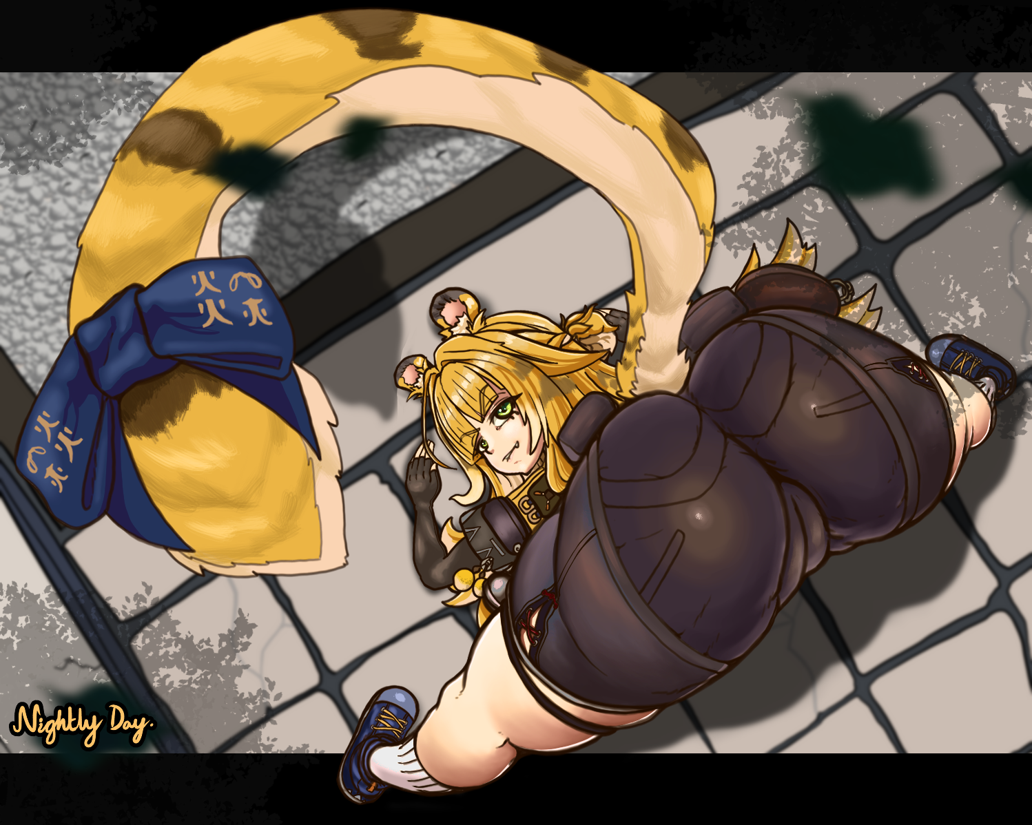 ju fufu, zenless zone zero, 1girl, all fours, animal ears, artist name, ass, ass focus, blonde hair, bow, cameltoe, come hither, fingerless gloves, from above, from behind, gloves, green eyes, huge ass, long hair, looking at viewer, looking back, looking up, naughty face, nightly day, shoes, short shorts, shorts, smile, socks, solo, tail, tail bow, tail ornament, tiger ears, tiger girl, tiger tail, top-down bottom-up, very long hair