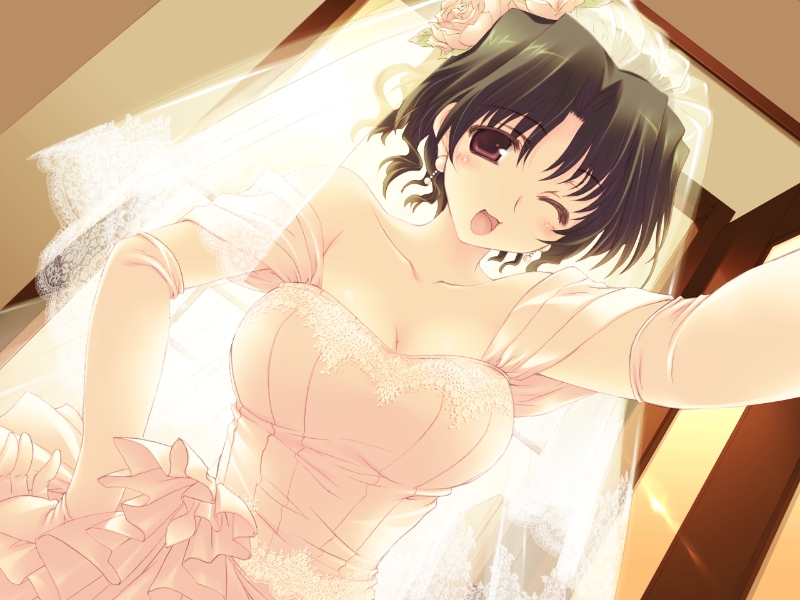 mitsumi misato, yuzuhara haruka, to heart (series), to heart 2, to heart 2 ad, game cg, 00s, 1girl, bridal veil, bride, brown eyes, brown hair, dress, female focus, mature female, one eye closed, solo, veil, wedding dress, wink