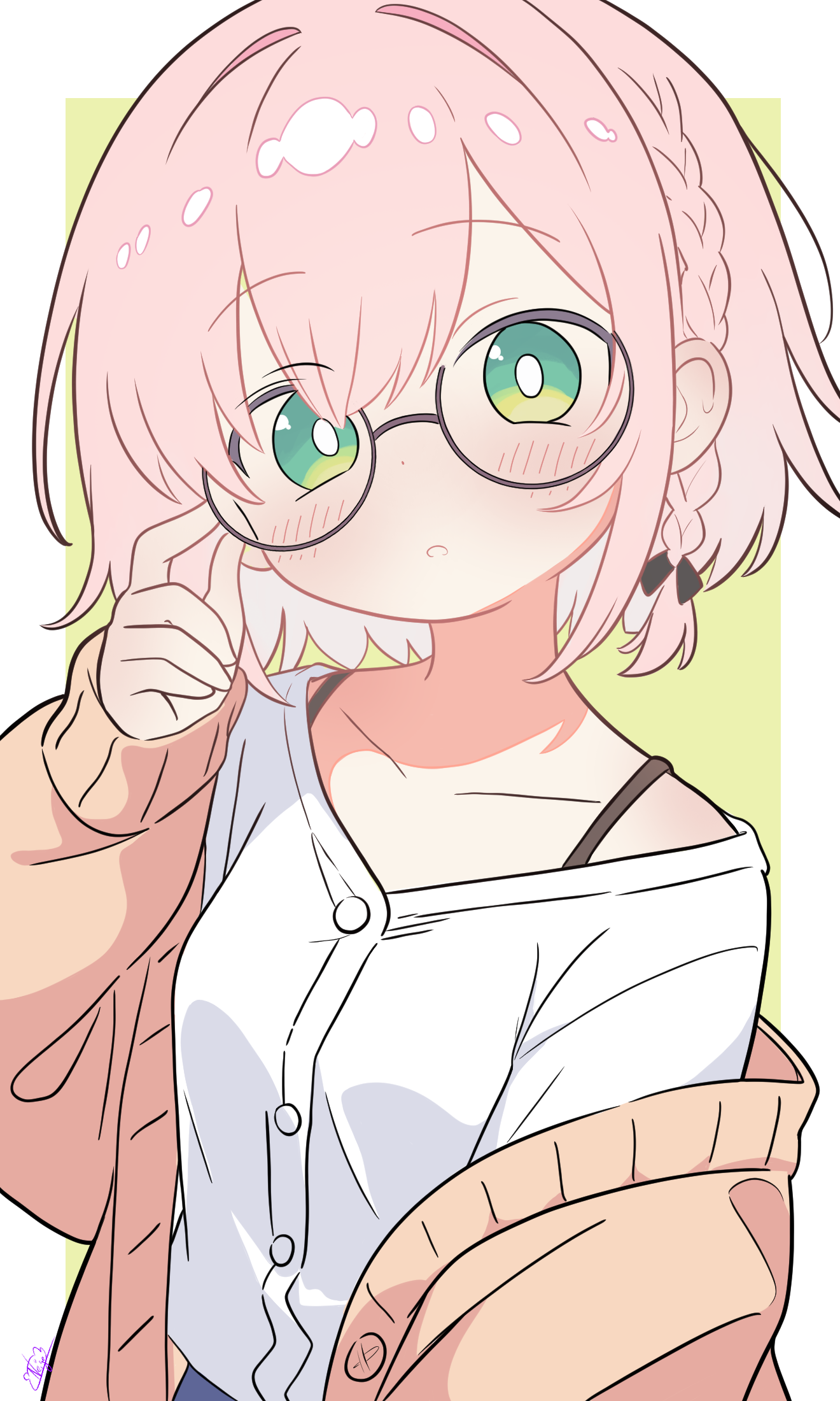 noire neige, highres, 1girl, :o, adjusting eyewear, blush, bob cut, braid, cardigan, collarbone, epsilon sylvia, glasses, green eyes, hair intakes, hair tie, hand up, looking at viewer, multicolored hair, off shoulder, pink hair, round eyewear, short hair, simple background, solo, streaked hair
