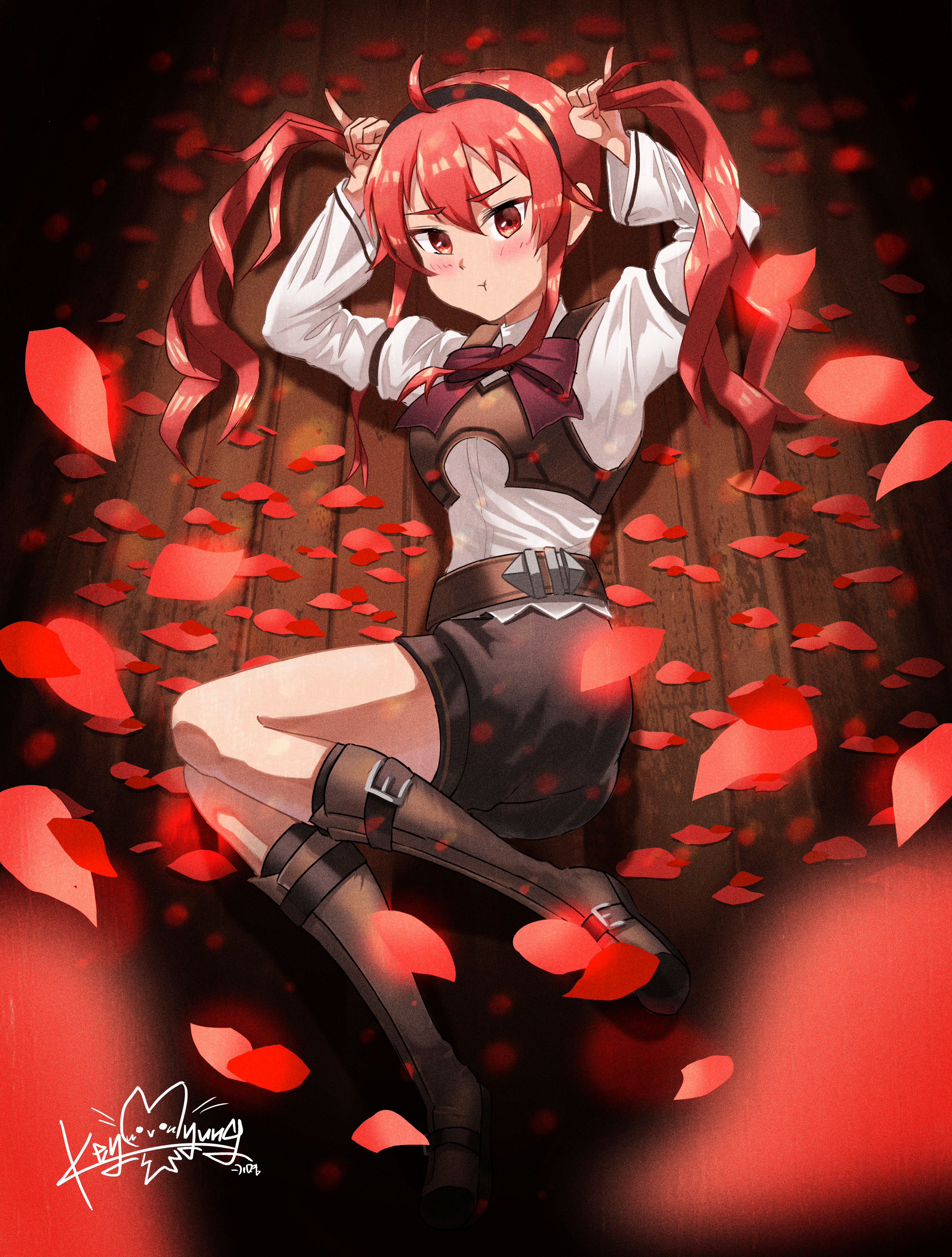 eris greyrat, mushoku tensei, highres, 1girl, alternate hairstyle, annoyed, arms up, artist name, boots, breasts, bunching hair, long hair, lying, medium breasts, petals, playing with own hair, pout, red eyes, red hair, rose petals, shorts, solo, twintails, very long hair