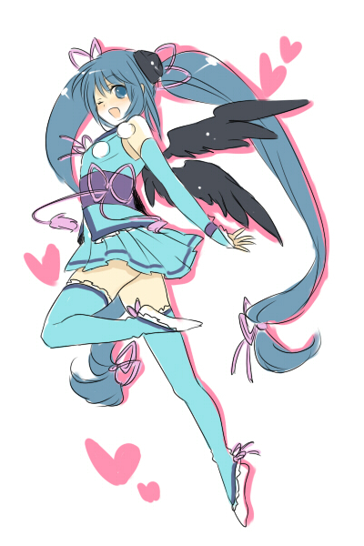 beniko, uju, bad id, bad pixiv id, 1girl, blue eyes, blue hair, female focus, matching hair/eyes, solo, thighhighs, twintails, wings