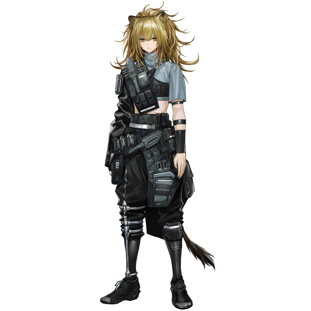 siege (arknights), arknights, official art, third-party source, 1girl, animal ears, belt pouch, black pants, blonde hair, chest rig, cropped shirt, full body, knife, knife sheath, legs apart, lion ears, lion girl, lion tail, long hair, midriff, pants, pouch, sheath, sheathed, shirt, simple background, solo, standing, tachi-e, tail, transparent background, turtleneck, turtleneck shirt, yellow eyes