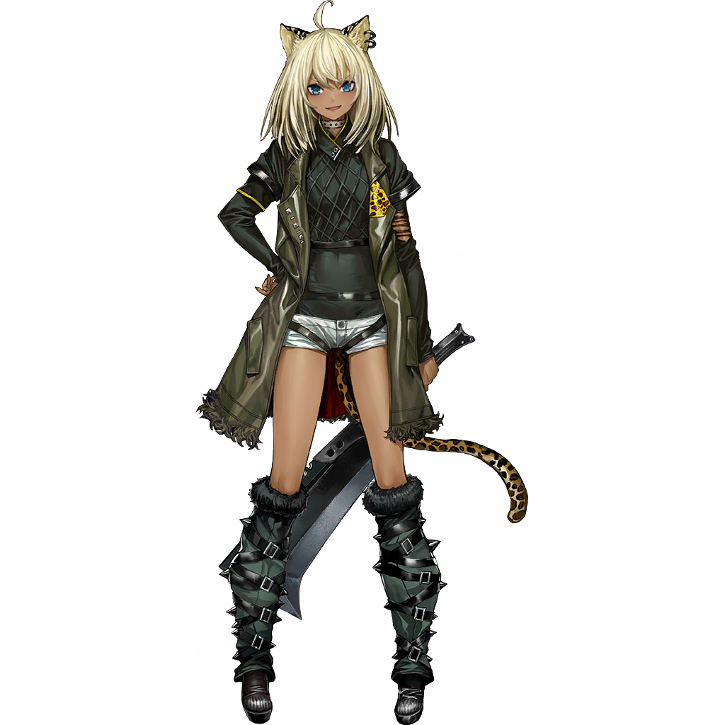 morgan (arknights), arknights, official art, revision, third-party source, 1girl, ahoge, animal ears, blonde hair, blue eyes, boots, choker, dark-skinned female, dark skin, fishnet top, fishnets, full body, fur-trimmed boots, fur trim, green vest, hand on own hip, legs apart, leopard ears, leopard girl, leopard tail, medium hair, micro shorts, open mouth, shorts, simple background, smile, solo, standing, tachi-e, tail, transparent background, vest, white choker, white shorts