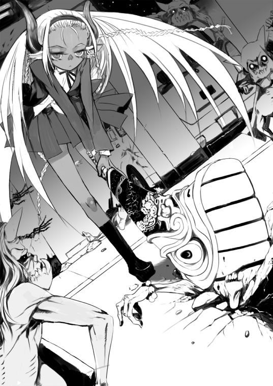 enchi, animal ears, cow ears, cow girl, greyscale, horns, monochrome, school uniform, serafuku, solo