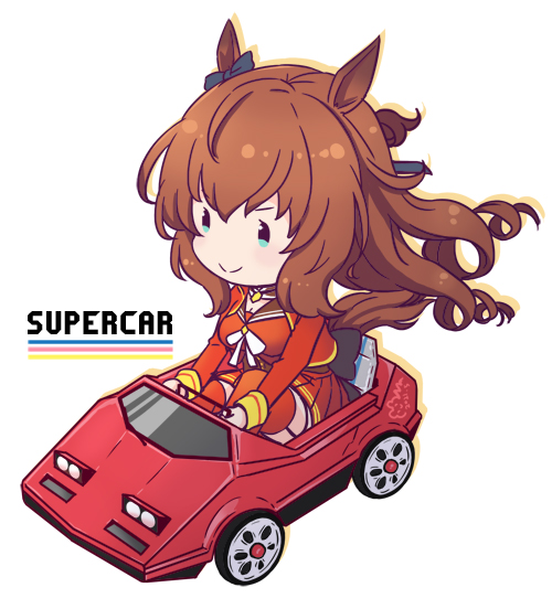 mizuki maya, maruzensky (umamusume), ferrari, umamusume, commentary, 1girl, animal ears, blue eyes, bow, bowtie, breasts, brown hair, brown sailor collar, car, cleavage, garter straps, horse ears, horse girl, horse tail, large breasts, long hair, miniskirt, motor vehicle, pleated skirt, red car, red shirt, red skirt, red thighhighs, sailor collar, shirt, simple background, sitting, skirt, solo, tail, thighhighs, white background, white bow, white bowtie