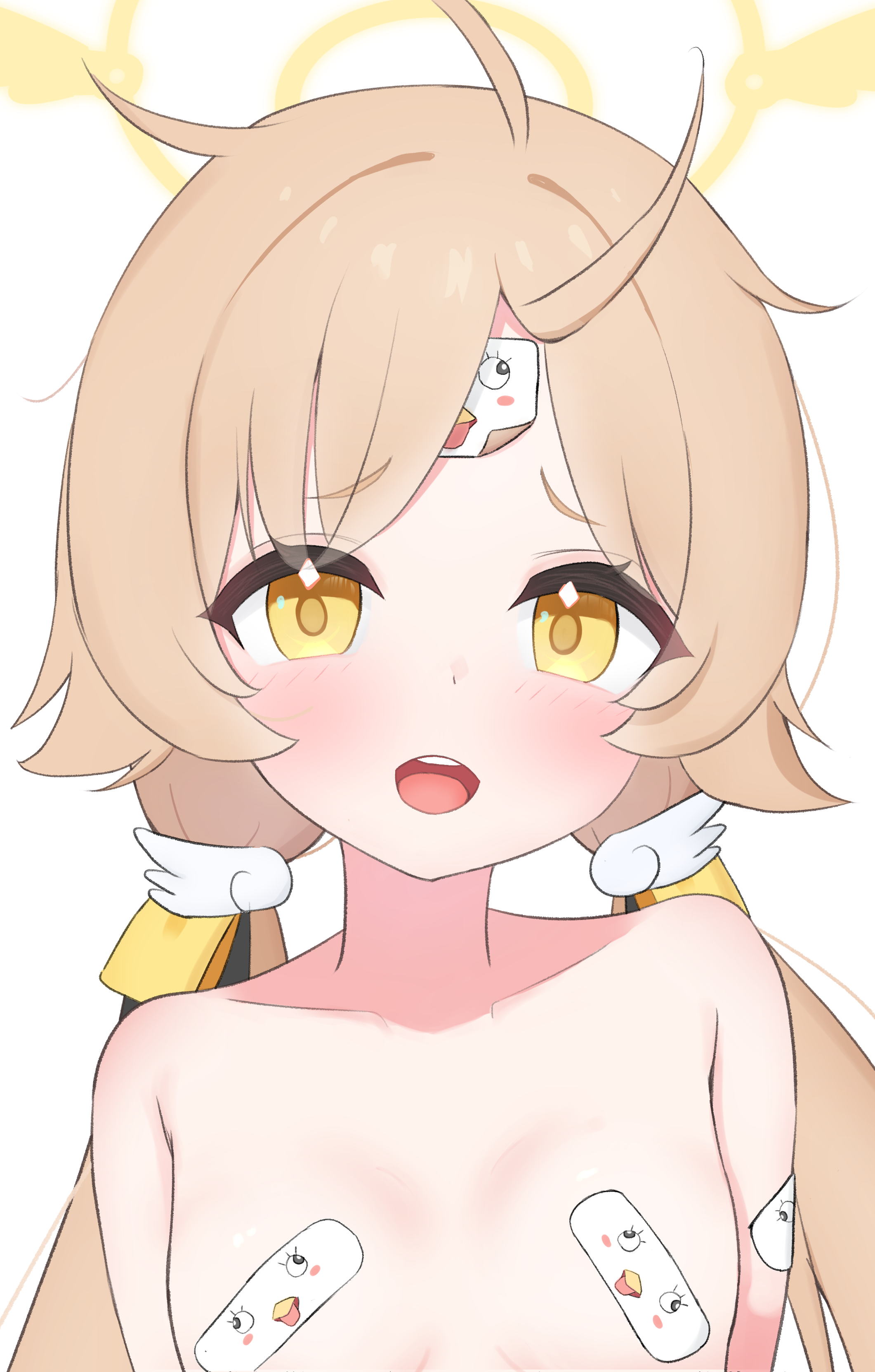 herananu117, hifumi (blue archive), peroro (blue archive), blue archive, absurdres, commentary request, highres, 1girl, ahoge, bandaid, bandaid on arm, bandaid on face, bandaid on forehead, bandaids on nipples, blonde hair, blush, bow, breasts, collarbone, hair bow, halo, long hair, looking at viewer, low twintails, messy hair, nude, open mouth, pasties, sidelocks, simple background, small breasts, solo, teeth, twintails, upper body, upper teeth only, white background, yellow bow, yellow eyes, yellow halo