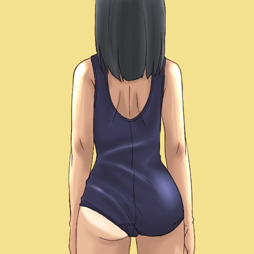 lowres, 1girl, ass, back, cowboy shot, female focus, from behind, one-piece swimsuit, one-piece tan, school swimsuit, solo, swimsuit, tan, tanline, yellow background