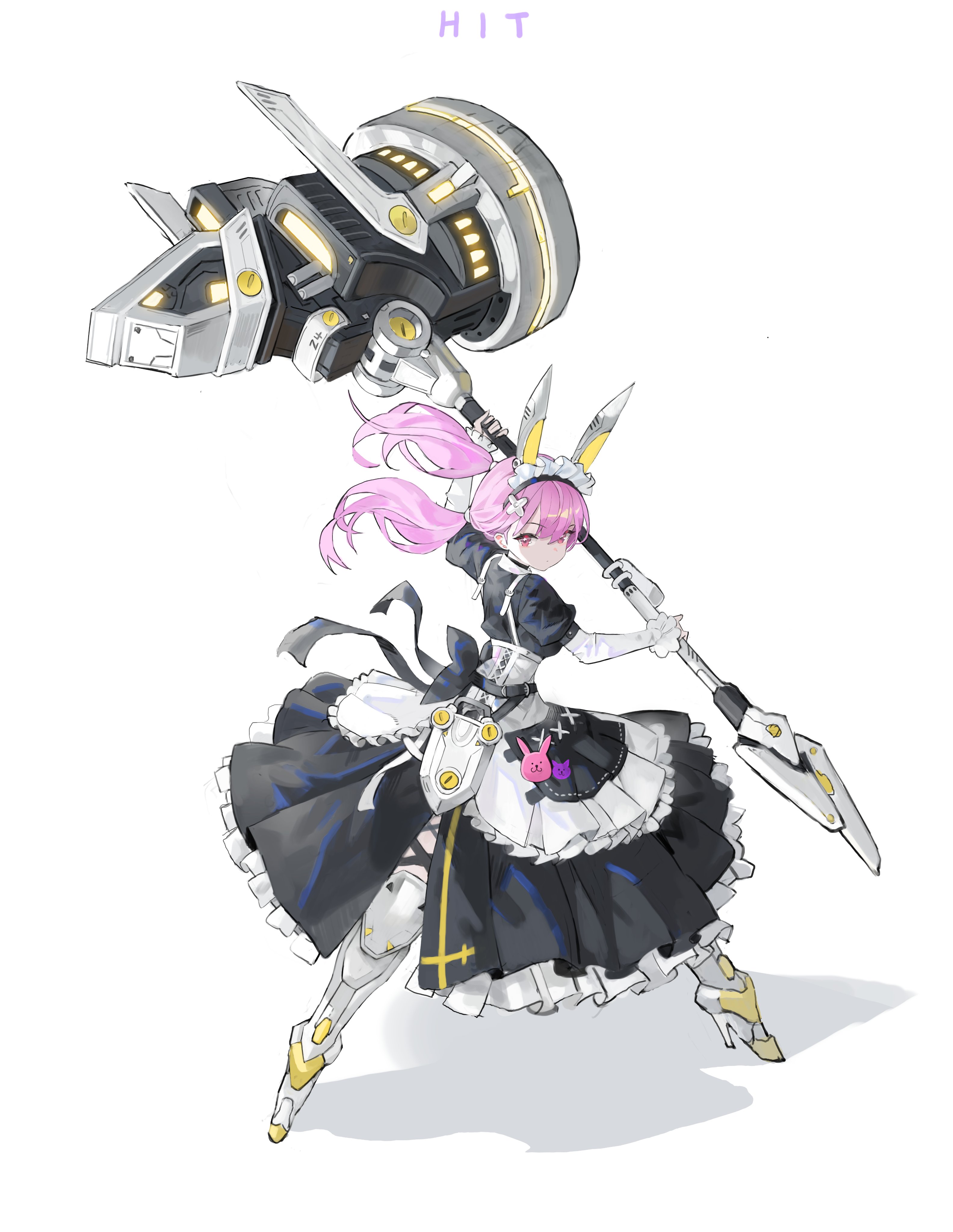 arowana2111, original, absurdres, commentary, english commentary, highres, 1girl, :3, animal ears, apron, armored boots, badge, boots, bow, button badge, cross hair ornament, dress, dynamic pose, english text, frilled dress, frilled sleeves, frills, glowing, glowing weapon, hair ornament, hammer, holding, holding weapon, huge weapon, long hair, low twintails, maid, maid apron, maid headdress, mechanical boots, narrow waist, pink hair, rabbit ears, red eyes, science fiction, side slit, simple background, solo, suspender apron, suspenders, thigh strap, twintails, two-handed, waist bow, weapon, white background