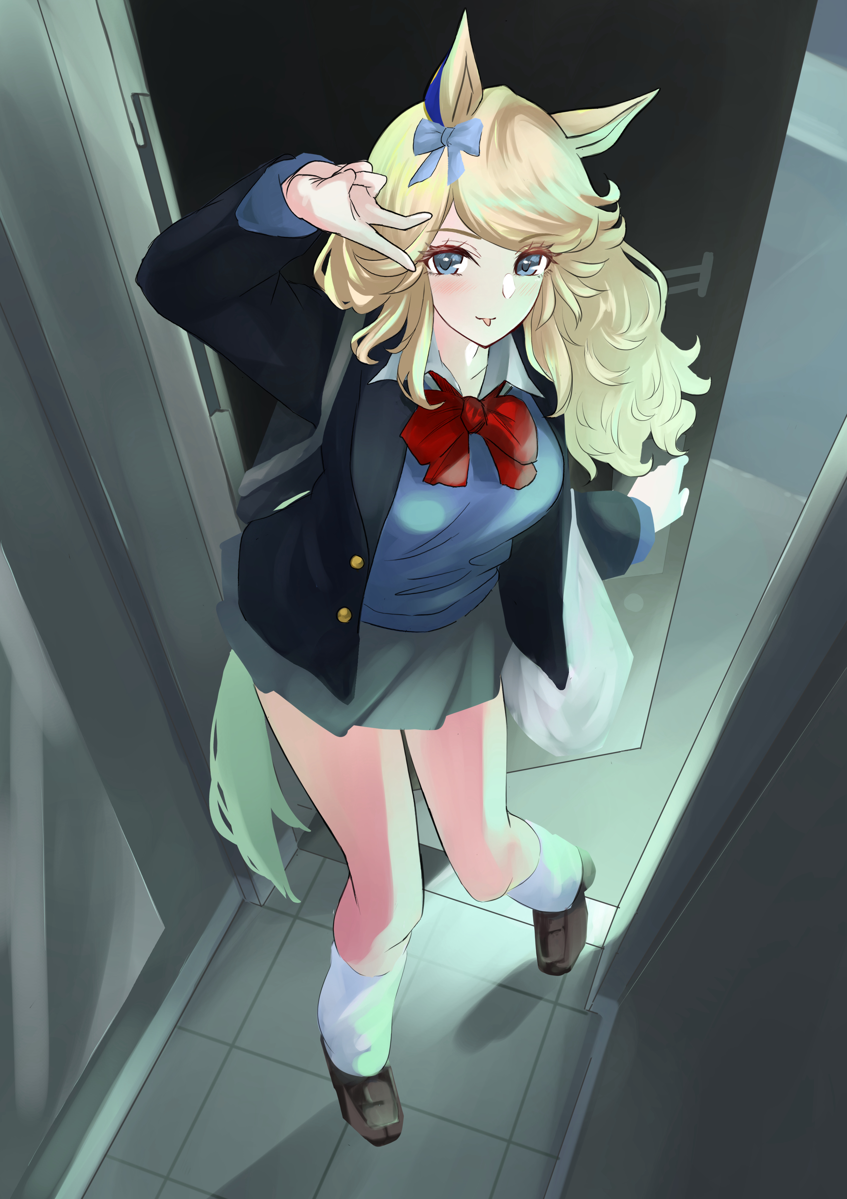like a wasabi, gold city (umamusume), umamusume, absurdres, commentary request, highres, 1girl, alternate costume, animal ears, bag, black jacket, blonde hair, blue bow, blue eyes, blue vest, bow, bowtie, brown shoes, collared shirt, doorway, ear bow, full body, grey skirt, gyaru, horse ears, horse girl, horse tail, jacket, loafers, long hair, loose socks, plastic bag, red bow, red bowtie, shirt, shoes, skirt, smile, socks, solo, standing, tail, tile floor, tiles, tongue, tongue out, v, vest, white shirt, white socks
