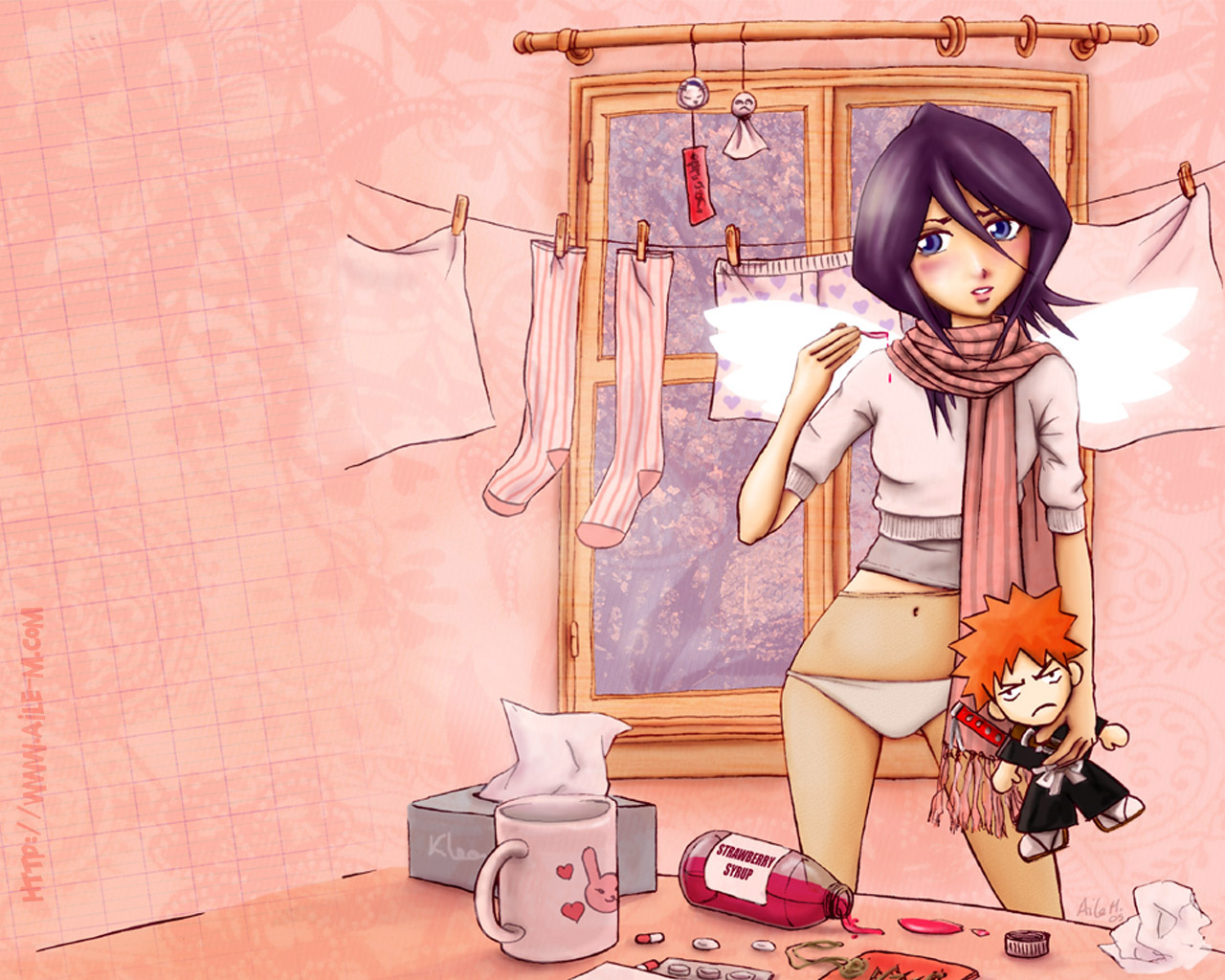 myriam lescop, kuchiki rukia, kurosaki ichigo, bleach, 00s, 1girl, aile-m, character doll, chibi, clothesline, cup, doll, female focus, mug, panties, purple hair, scarf, solo, tissue, underwear, window