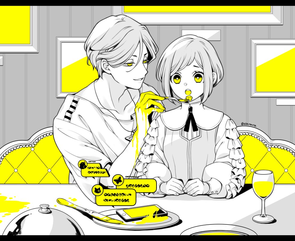 030ravie, fukurai azami, meguriya ayumu, toshi densetsu kaitai center, commentary request, 1boy, 1girl, bright pupils, cellphone, collared shirt, cup, drinking glass, feeding, frilled shirt, frills, holding, holding spoon, indoors, knife, letterboxed, long sleeves, looking at another, monochrome, neck ribbon, open mouth, phone, picture frame, plate, ribbon, shirt, short hair, smartphone, smile, spoon, table, triangle necklace, upper body, wine glass, yellow theme
