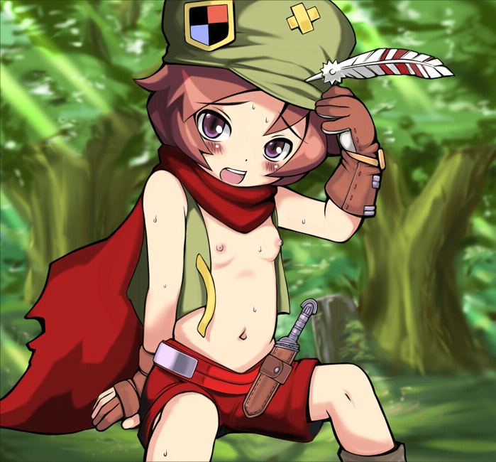 e10, ranger (sekaiju), ranger 2 (sekaiju), atlus, etrian odyssey, 1girl, breasts, cape, female focus, flat chest, hat, nipples, scarf, small breasts, solo, sweat