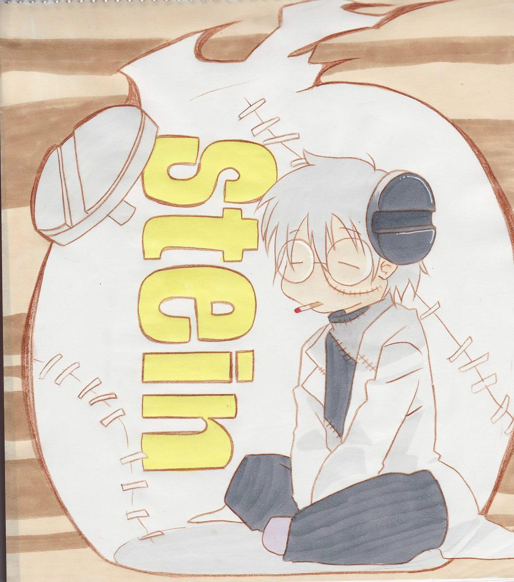 yumeututu, franken stein (soul eater), soul eater, 1boy, brown background, character name, cigarette, closed eyes, coat, lab coat, object through head, round eyewear, screw in head, sitting, smoking, solo, stitched face, stitches, white coat, white hair