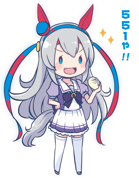 mizuki maya, tamamo cross (umamusume), umamusume, commentary, 1girl, animal ears, blue eyes, blue hairband, bow, bowtie, dress, ear covers, food, full body, grey hair, hairband, hand on own hip, holding, holding food, horse ears, horse girl, horse tail, long hair, miniskirt, pleated skirt, puffy short sleeves, puffy sleeves, purple bow, purple bowtie, sailor collar, sailor dress, school uniform, short sleeves, simple background, skirt, solo, standing, steamed bun, summer uniform, tail, thighhighs, tracen school uniform, very long hair, white background, white sailor collar, white skirt, white thighhighs, zettai ryouiki