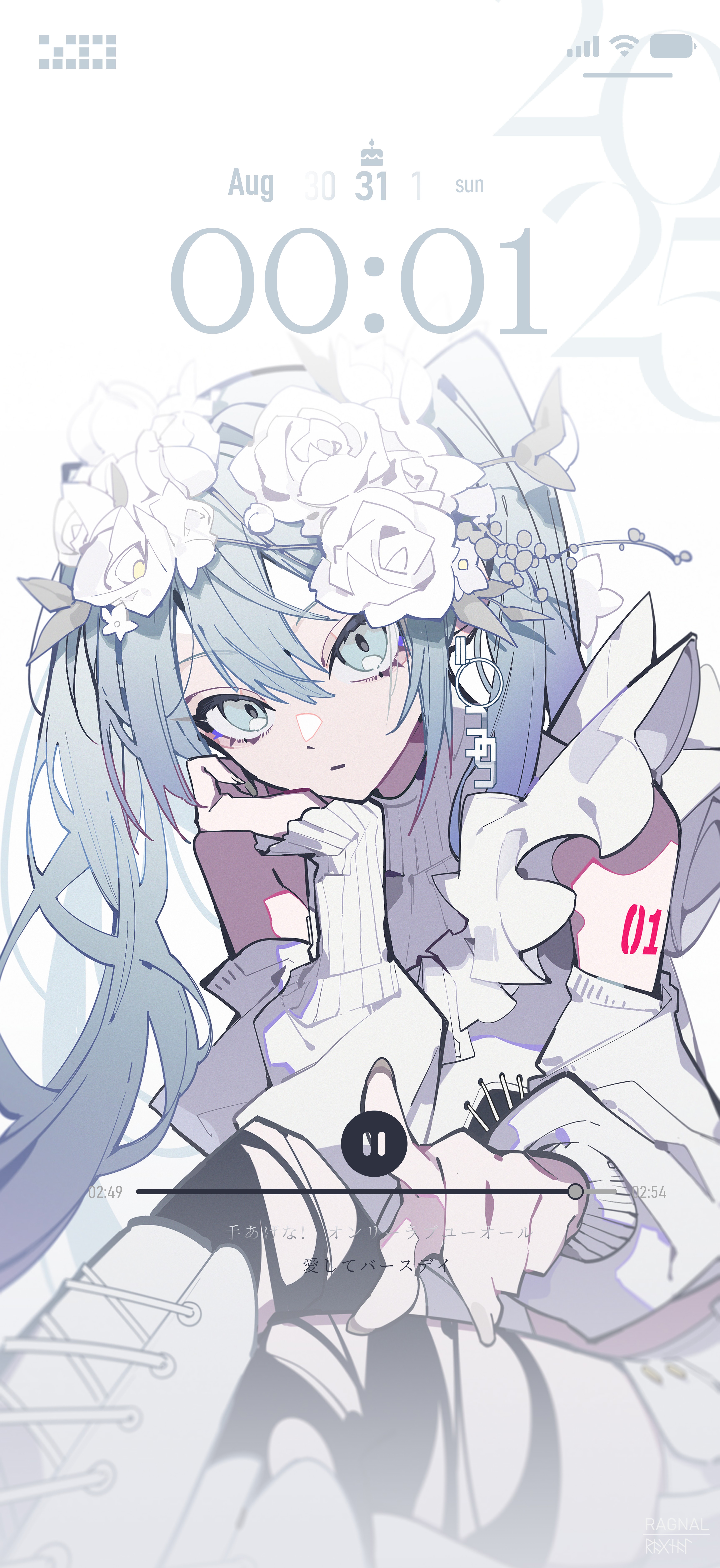 priest77, hatsune miku, vocaloid, absurdres, highres, 1girl, aqua eyes, aqua hair, black thighhighs, blue hair, boots, detached sleeves, earrings, flower, frills, hair between eyes, hair flower, hair ornament, head rest, head wreath, jewelry, knee boots, long hair, long sleeves, looking at viewer, number tattoo, rose, simple background, sitting, sleeveless, solo, sweater, tattoo, thighhighs, torn clothes, torn thighhighs, twintails, very long hair, white background, white flower, white rose