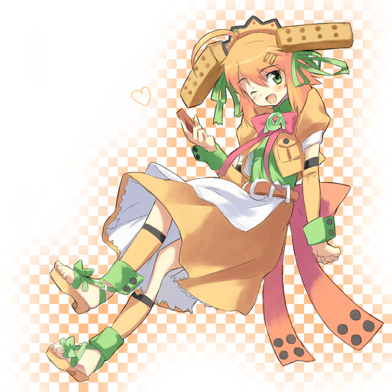 u (the unko), caloriemate, 1girl, blouse, checkered background, collared shirt, female focus, green shirt, green wrist cuffs, hair between eyes, one eye closed, sandals, shirt, solo, wink, wrist cuffs