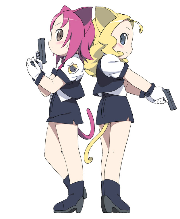 kanzaki hiro, 2girls, animal ears, cat ears, cat tail, gun, handgun, multiple girls, pistol, tail, weapon