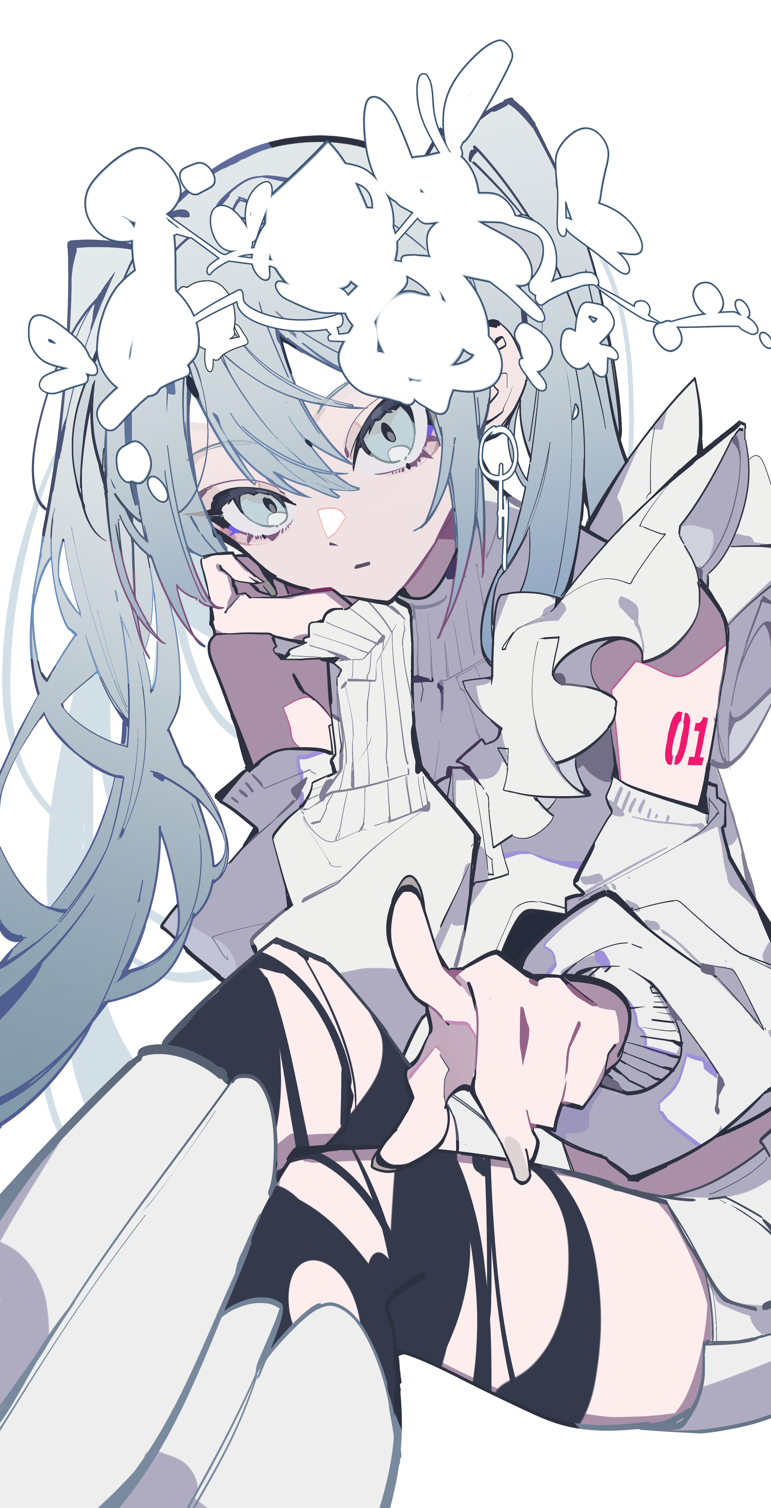 priest77, hatsune miku, vocaloid, absurdres, highres, 1girl, aqua eyes, aqua hair, black thighhighs, blue hair, boots, detached sleeves, earrings, flower, frills, hair between eyes, hair flower, hair ornament, head rest, head wreath, jewelry, knee boots, long hair, long sleeves, looking at viewer, number tattoo, rose, simple background, sitting, sleeveless, solo, sweater, tattoo, thighhighs, torn clothes, torn thighhighs, twintails, very long hair, white background, white flower, white rose