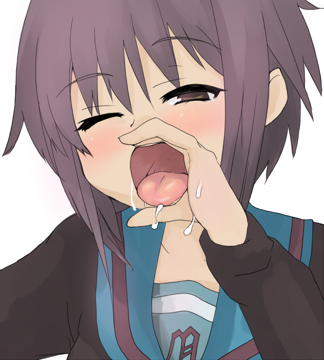atahuta, nagato yuki, suzumiya haruhi no yuuutsu, bad id, bad pixiv id, 00s, 1girl, brown eyes, cum, cum on body, facial, fellatio gesture, female focus, invisible penis, one eye closed, open mouth, oral invitation, pov, purple hair, short hair, solo, tongue, tongue out, upper body, wink