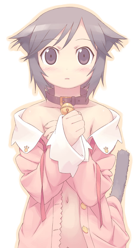 animal ears, bare shoulders, bell, collar, neck bell, tail