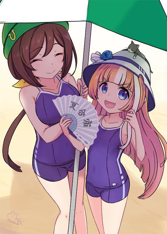 mizuki maya, akikawa yayoi (umamusume), hayakawa tazuna, umamusume, commentary, 2girls, :d, ^ ^, animal, animal on head, armpit crease, bare shoulders, blue eyes, blunt bangs, breasts, brown hair, cat, cat on head, closed eyes, closed mouth, collarbone, competition school swimsuit, fang, feet out of frame, flat chest, folding fan, green hat, hand fan, hand fan writing, hat, holding, holding fan, large breasts, long hair, looking at viewer, low ponytail, multicolored hair, multiple girls, on head, one-piece swimsuit, open mouth, orange hair, ponytail, purple one-piece swimsuit, school swimsuit, smile, split mouth, standing, streaked hair, swimsuit, tracen swimsuit, v-shaped eyebrows, white hat, white streaks