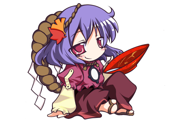 take tonbo, yasaka kanako, touhou, 1girl, chibi, female focus, hair ornament, leaf, leaf hair ornament, rope, shimenawa, solo