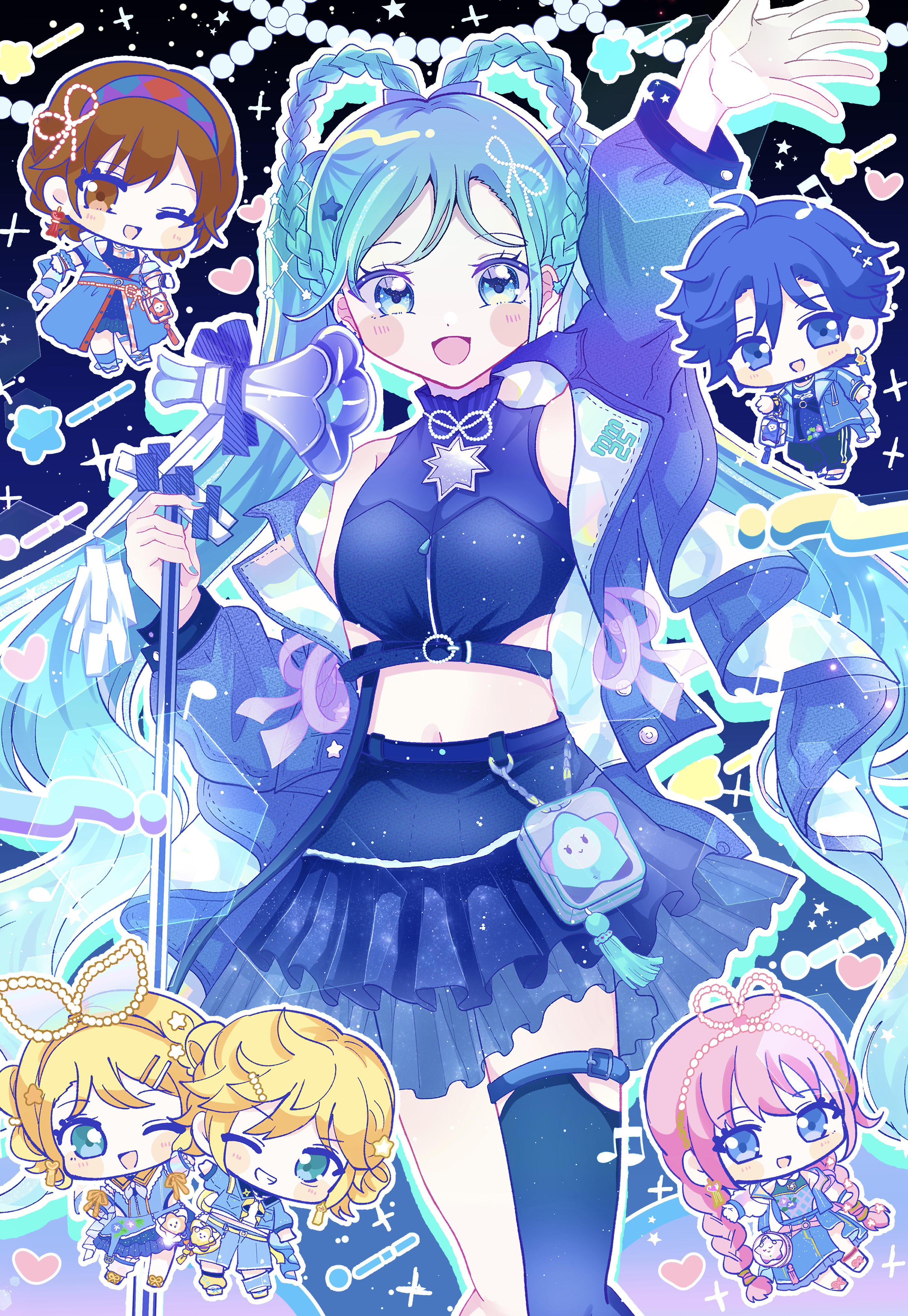 hatsune miku, kagamine len, kagamine rin, kaito (vocaloid), magical mirai kaito, magical mirai kaito (2025), magical mirai len, magical mirai len (2025), magical mirai luka, magical mirai luka (2025), magical mirai meiko, magical mirai meiko (2025), magical mirai miku, magical mirai miku (2025), magical mirai rin, magical mirai rin (2025), megurine luka, meiko (vocaloid), magical mirai (vocaloid), vocaloid, absurdres, highres, 2boys, 4girls, aqua eyes, aqua hair, arm up, blonde hair, blue eyes, blue hair, blue jacket, blue skirt, blue thighhighs, braid, braided hair rings, breasts, brown eyes, brown hair, crop top, green eyes, hair ornament, hair rings, holding, holding microphone stand, jacket, long hair, looking at viewer, medium breasts, medium hair, microphone, microphone stand, multiple boys, multiple girls, musical note, navel, official alternate costume, official alternate hairstyle, one eye closed, open clothes, open jacket, open mouth, pants, pink hair, shirt, single thighhigh, skirt, sleeveless, sleeveless shirt, smile, star (symbol), star hair ornament, stomach, thighhighs, twintails, very long hair, yuta 28003