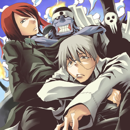 franken stein (soul eater), shinigami-sama, sid barett, spirit albarn, soul eater, lowres, 4boys, blue skin, cigarette, colored skin, formal clothes, funasuzaku, glasses, grey hair, lab coat, multiple boys, object through head, red hair, screw in head, stitched face, stitches, suit