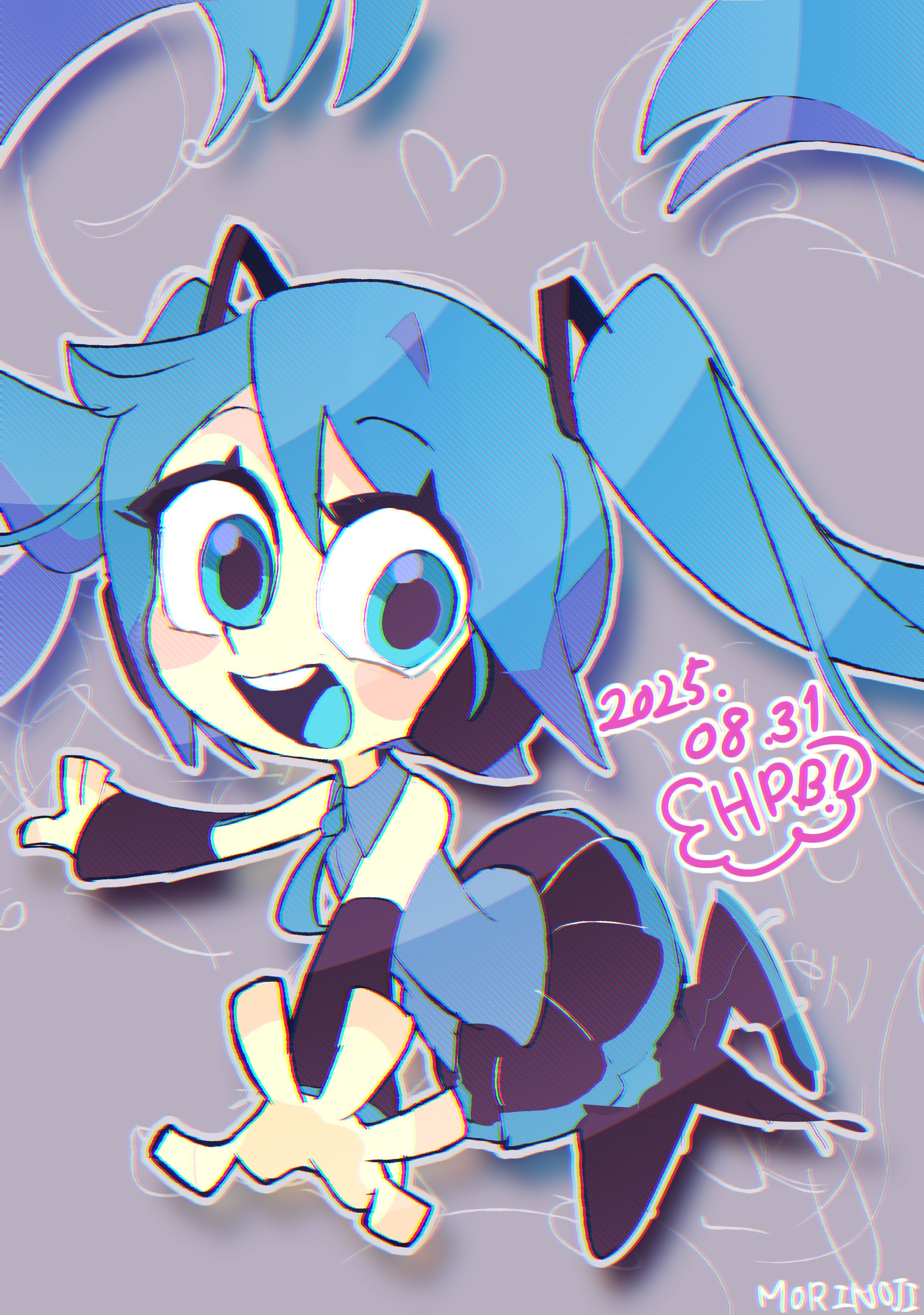 mori no ji, hatsune miku, vocaloid, absurdres, highres, 1girl, 2025, aqua eyes, aqua hair, aqua necktie, aqua tongue, aqua trim, artist name, black boots, black skirt, blush stickers, boots, chromatic aberration, detached sleeves, grey background, grey shirt, happy birthday, headphones, heart, looking at viewer, necktie, open mouth, outline, pleated skirt, shirt, skirt, solo, teeth, toon (style), twintails, upper teeth only, white outline