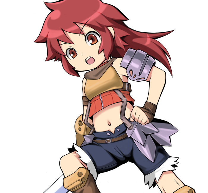 e10, swordsman (sekaiju), swordsman 2 (sekaiju), atlus, etrian odyssey, 1girl, :o, armband, armor, bare shoulders, belt, cameltoe, crop top, denim, denim shorts, female focus, fingerless gloves, flat chest, gloves, hand on own hip, kneehighs, long hair, looking at viewer, midriff, navel, open fly, open mouth, orange eyes, red eyes, red hair, scarf, shorts, simple background, socks, solo, spread legs, strap, sword, torn clothes, turtleneck, unzipped, weapon, zipper