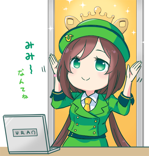 mizuki maya, hayakawa tazuna, umamusume, commentary request, translation request, 1girl, brown hair, c:, closed mouth, collared shirt, computer, green eyes, green hat, green jacket, green skirt, hat, jacket, laptop, long hair, low twintails, motion lines, necktie, shirt, skirt, smile, solo, three-quarter sleeves, twintails, white shirt, yellow necktie
