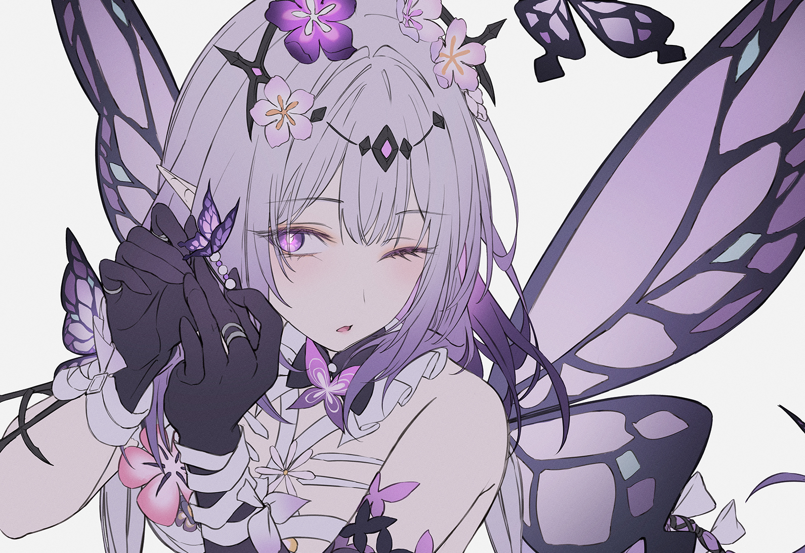 neon (pixiv 31150749), castorice (honkai: star rail), honkai: star rail, honkai (series), unfinished, 1girl, asymmetrical gloves, bare shoulders, black gloves, breasts, bug, butterfly, butterfly hair ornament, butterfly wings, elbow gloves, flower, gloves, hair flower, hair ornament, holding, holding hair ornament, insect, insect wings, looking at object, medium breasts, one eye closed, pink flower, pointy ears, purple butterfly, purple hair, single elbow glove, solo, uneven gloves, upper body, wings