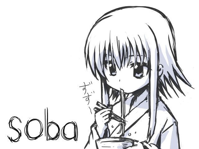 morimiya aono, sola, 1girl, eating, female focus, food, greyscale, monochrome, noodles, parody, pun, sketch, soba, solo